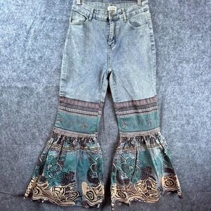 Ursime Jeans Womens Medium Flare Ruffle Painted Print Hippie Boho Embellished